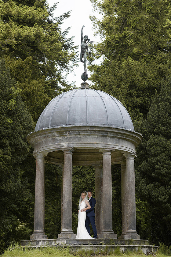 Dromoland Castle wedding day bride and groom at the temple of mercury